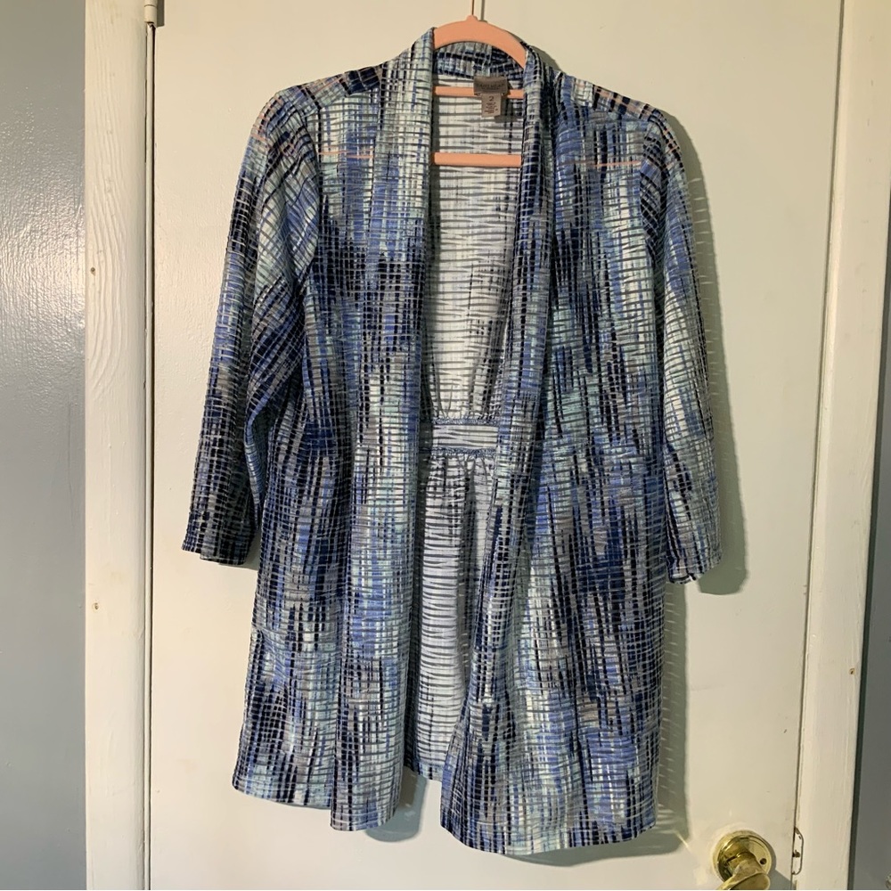 Chico’s Easy Wear Blue & White Cinched Black Open Cardigan Sz L (Chico’s 2)